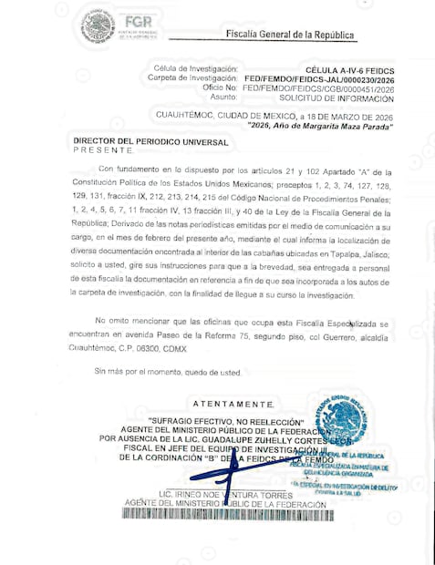 La Fiscalía Especializada en Investigación de Delitos Contra la Salud solicitó a este diario la documentación sobre los
pagos que realizaba el Cártel Jalisco.