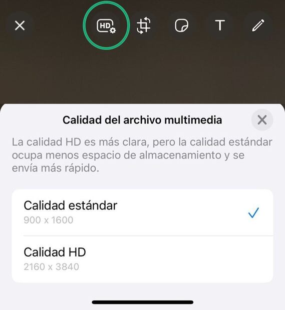 Botón "HD" para fotos de WhatsApp. Foto: Captura de pantalla / EL UNIVERSAL