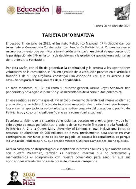Anuncio del fin del convenido de colaboración entre el Instituto Politécnico Nacional (IPN) y Fundación Politécnico A.C. Foto: Facebook @ipn.mx