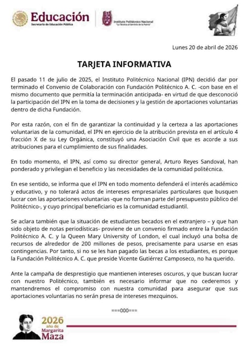 Anuncio del fin del convenido de colaboración entre el Instituto Politécnico Nacional (IPN) y Fundación Politécnico A.C. Foto: Facebook @ipn.mx