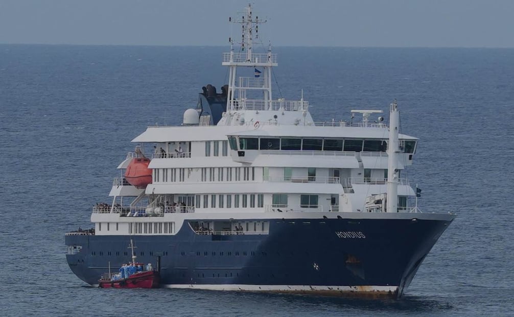 The MV Hondius cruise ship is anchored at a port in Praia, Cape Verde, Wednesday, May 6, 2026. (AP Photo/Misper Apawu)