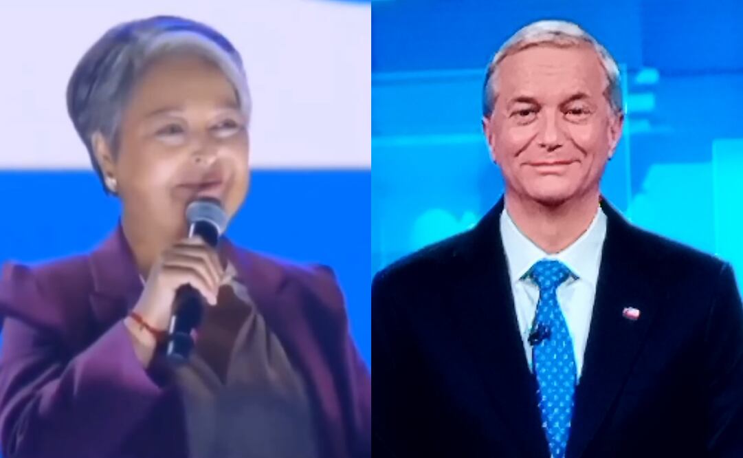 Jeanette Jara (izq) durante su cierre de campaña y José Antonio Kast (der) durante uno de los debates de elecciones presidenciales. (11/11/25) Fotos: Redes sociales