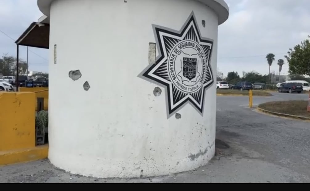 Edificio de Seguridad Pública de Matamoros con impactos de balas (12/02/2026). Foto: Especial