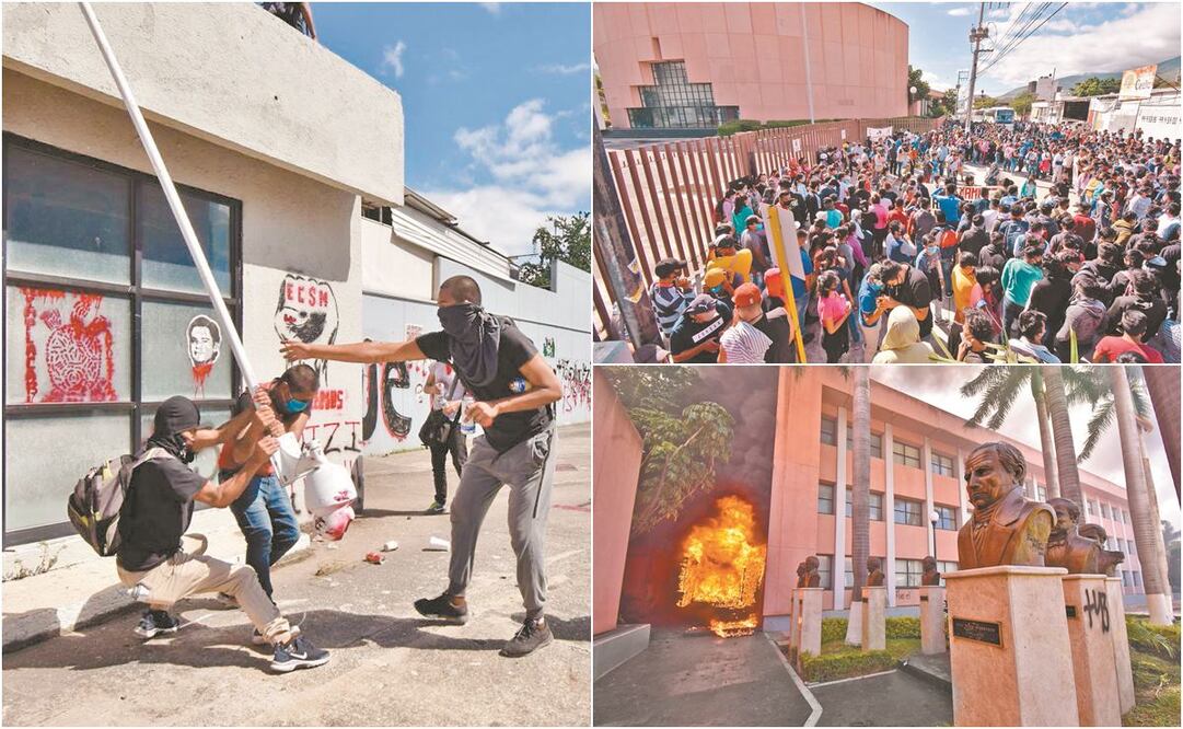 Tras el mitin, normalistas lanzaron petardos contra las ventanas de las oficinas de los diputados y de la biblioteca del Congreso local, ocasionando un incendio. FOTOS: CUARTOSCURO