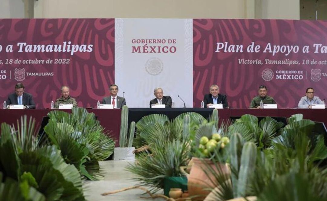 En la renión estuvieron presentes Marcelo Ebrard Casaubón, Rafael Ojeda Durán, Américo Villareal Anaya, Adán Augusto López, Luis Cresencio Sandoval González y  Rosa Icela Rodríguez Velázquez. Foto: Presidencia 