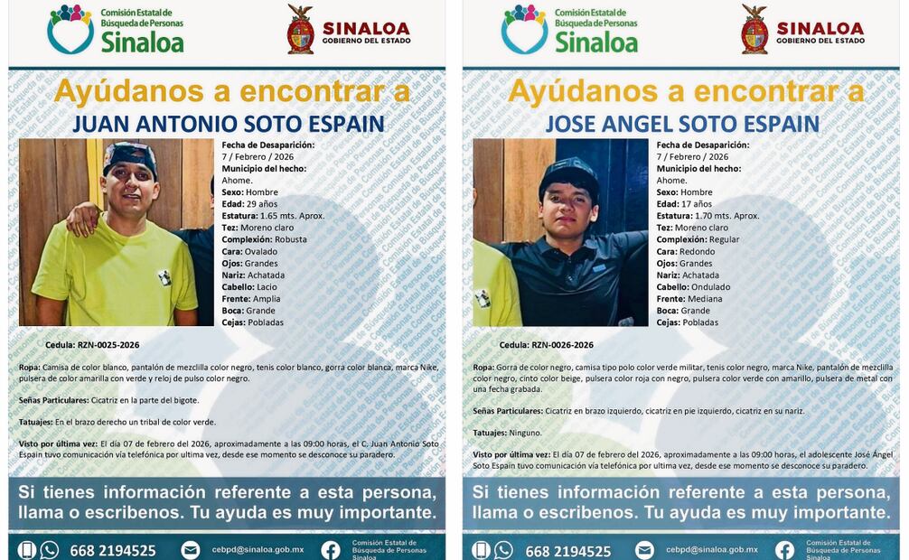 Los hermanos Juan Antonio “N”, de 29 años, y José “N”, de 17, fueron reportados desaparecidos cuando viajaban a Los Mochis. Fotos: Especial