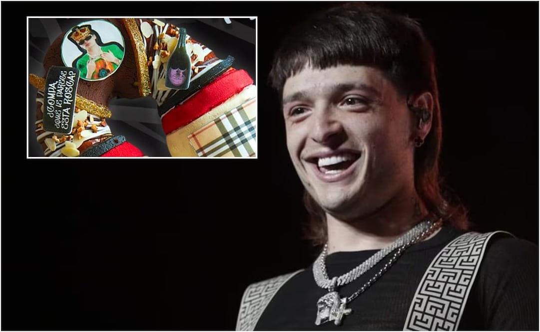 La icónica rosca trae figuras conmemorativas de Peso Pluma. Foto: Instagram. @ale_pei_reposteria y Gabriel Pano. EL UNIVERSAL