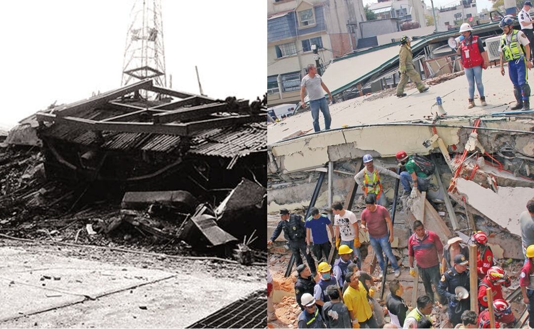 Instalaciones de Televisa Chapultepec (1985)/ Escuela Enrique Rébsamen (2017). Foto: Hemeroteca/El Universal, AP/ Carlos Cisneros