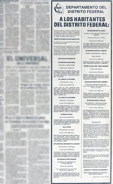 Anuncio del gobierno capitalino para las Manifestaciones Festivo-Deportivas del 21 de junio de 1986. Dentro de los artistas invitados estuvo Johnny Laboriel, Laura León, Memo Ríos y muchos otros. Foto: Hemeroteca EL UNIVERSAL.