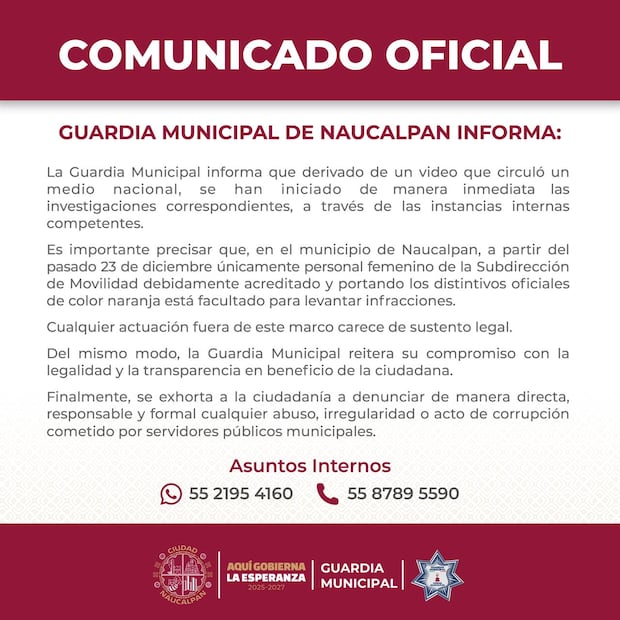 Comunicado de la Guardia Municipal de Naucalpan. Foto: Guardia Municipal Ciudad Naucalpan