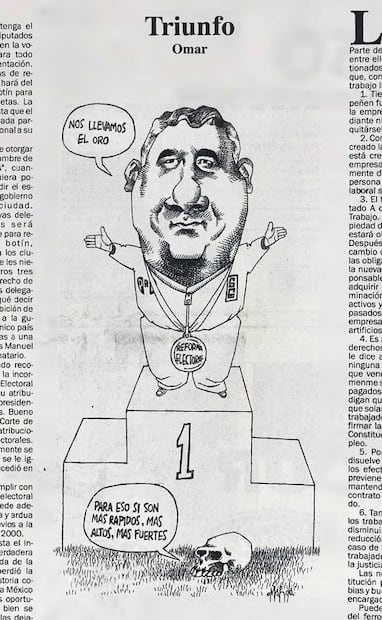Cartón de Omar, 27 de julio de 1996; representó al entonces secretario de Gobernación, Emilio Chuayfett. En pleno tiempo de las olimpiadas, apareció el slogan “más rápidos, más altos, más fuertes”. Foto: Hemeroteca EL UNIVERSAL.