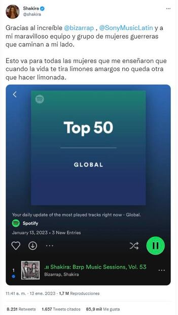 Shakira no sólo rompe récord en YouTube, también en Spotify