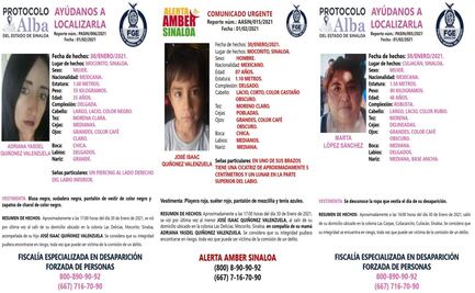 Emiten alertas de búsqueda por dos mujeres y un menor en Sinaloa