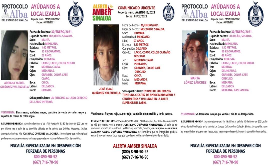 Emiten alertas de búsqueda por dos mujeres y un menor en Sinaloa
