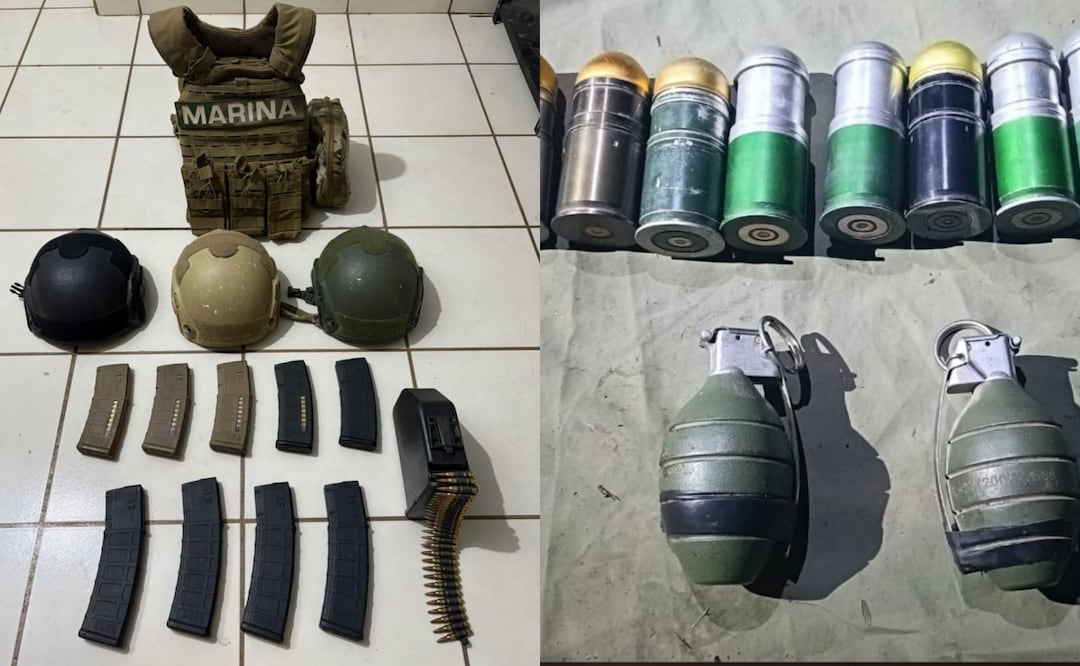 Equipo táctico y chaleco apócrifo de la Marina que fueron decomisados durante acciones de seguridad en Culiacán, Sinaloa (13/06/2025). Foto: Especial