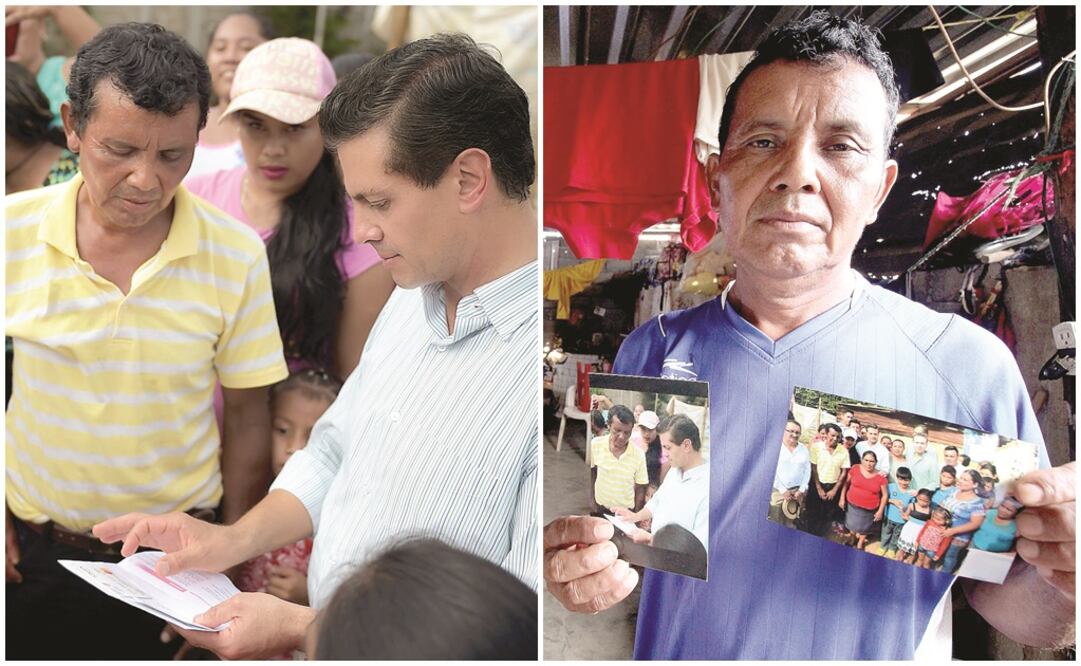 El presidente Enrique Peña Nieto visitó un mes después del 7 de septiembre a algunos de los damnificados, incluido Rumber, quien vive en una galera. Con los 30 mil pesos que recibió sólo le alcanzó para los cimientos. Foto: ARCHIVO Y FREDY MARTIN.
