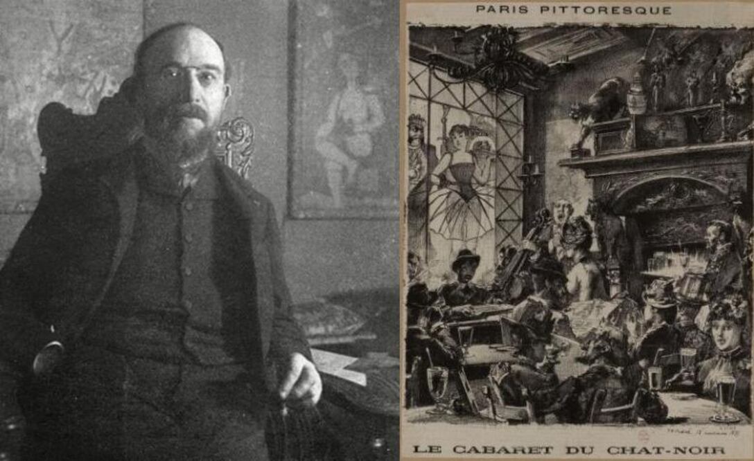 Erik Satie, compositor vanguardista cuyas composiciones redefinieron la música de salón./ Britannica. A la derecha: Un dibujo de 1885 publicado por LA Presse del cabaret du Chat Noir. Crédito: Paris Musées