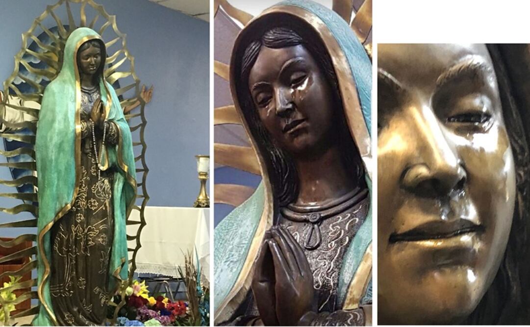 Combo de tres fotografías donde aparece la estatua de la Virgen de Guadalupe que, según testigos, ha derramado lágrimas con olor a "rosas" (Foto: EFE)