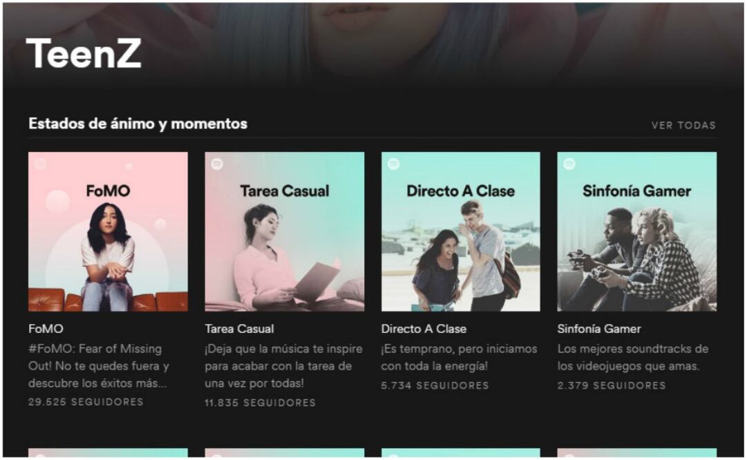 TeenZ está compuesta por una selección de playlists, curadas de manera especial por los editores musicales de Spotify, influencers, colaboradores y artistas
