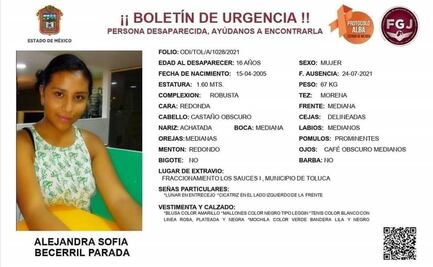 Emiten boletín por desaparición de Alejandra Sofía, de 16 años, en Edomex