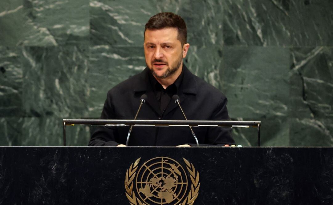 El presidente de Ucrania, Volodímir  Zelensky, habla durante la Asamblea General de las Naciones Unidas (AGNU) en la sede de las Naciones Unidas. Foto: AFP