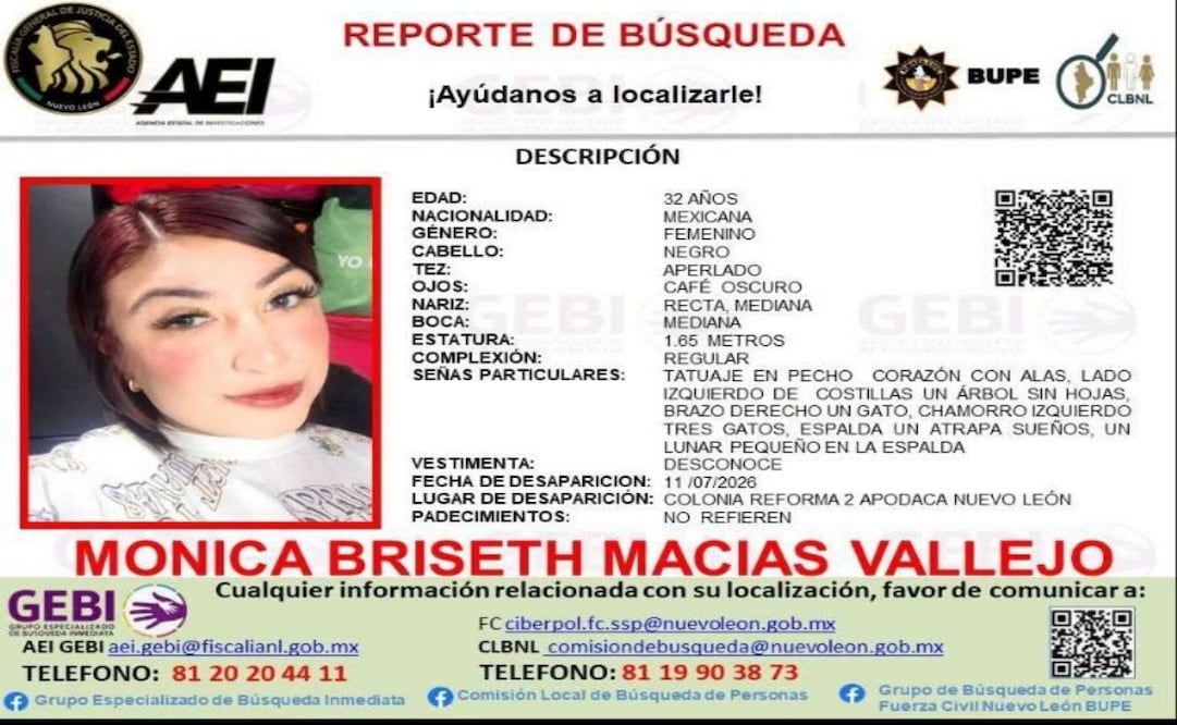 Investigan feminicidio de Mónica Briseth en Nuevo León; detienen a un hombre tras localizar su cuerpo en Apodaca. Foto: Especial
