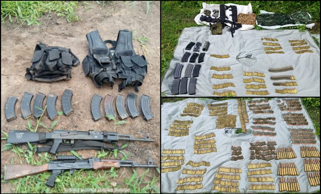 Asegura Marina seis mil 698 cartuchos útiles de diversos calibres, cinco armas de fuego, 49 uniformes camuflados, un artefacto explosivo y desmantelan un campamento de resguardo de grupos delictivos en Sinaloa. Foto: especial