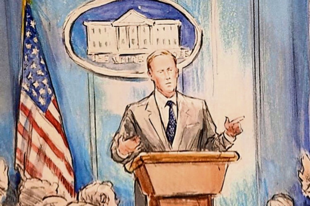 Bill Hennessy, dibujante de CNN, ilustró así la rueda de prensa de ayer de la Casa Blanca. La cadena alentó a otros medios a usar el dibujo. (TOMADA DE INSTAGRAM)