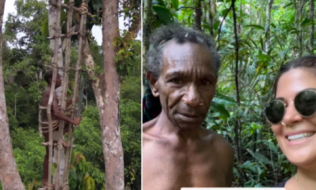 La creadora de contenido Gabriela Ramírez, con un miembro de la tribu korowai, en Nueva Guinea. FOTO: CAPTURA