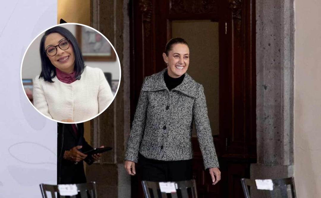 La presidenta Claudia Sheinbaum durante la mañanera del 18 de diciembre del 2025 y La presidenta Sheinbaum nombra a Esthela Damián Peralta como Consejera Jurídica. Fotos: Hugo Salvador/ EL UNIVERSAL y Tomada de la cuenta de FB de Esthela Damián