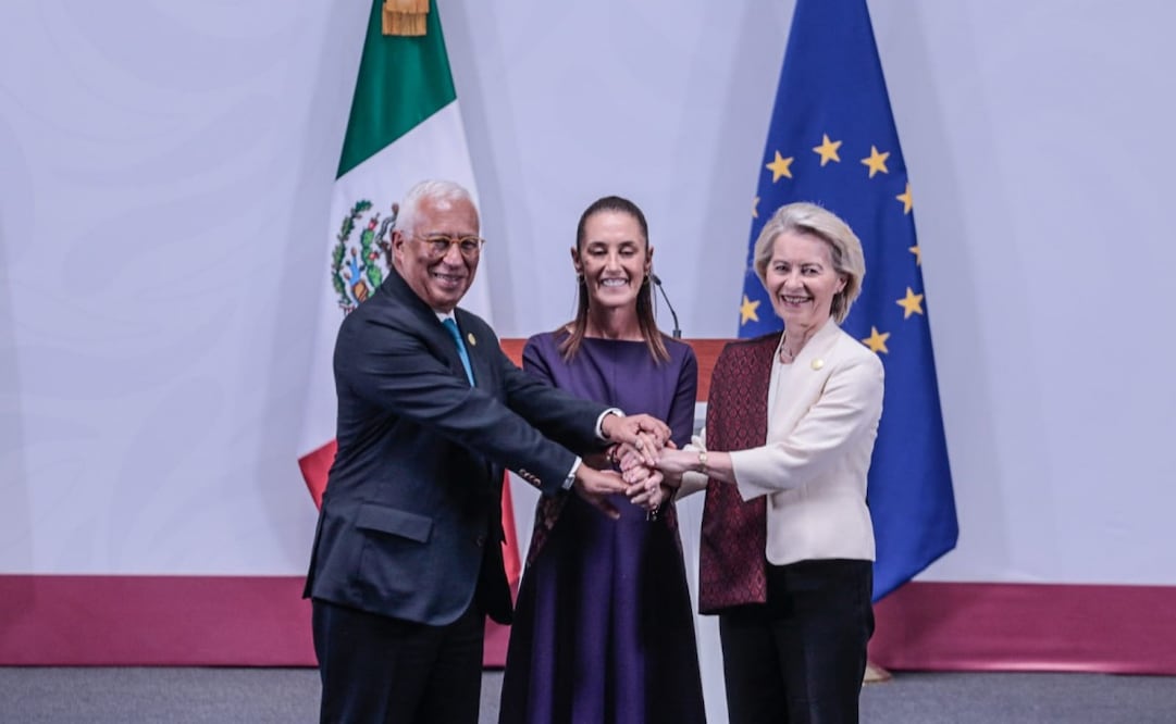 Claudia Sheinbaum, Ursula von der Leyen y António Costa durante la Cumbre México-Unión Europea en Palacio Nacional (22/05/2026). Foto: Gabriel Pano / EL UNIVERSAL