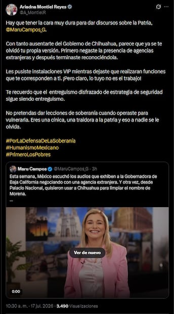 Ariadna Montiel, líder de Morena, responde a la gobernadora Maru Campos (17/07/2026). Foto: Captura de pantalla