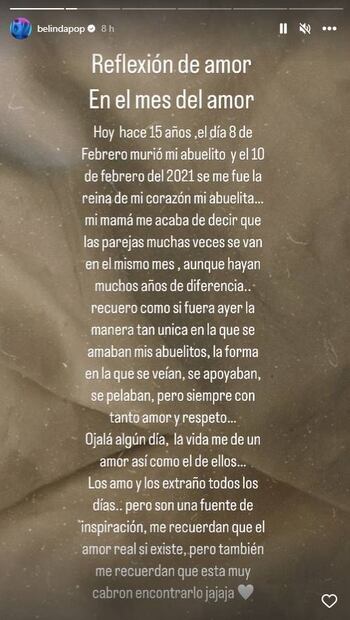 Belinda confiesa lo que busca en una pareja: quisiera vivir historia de amor como la de sus abuelos