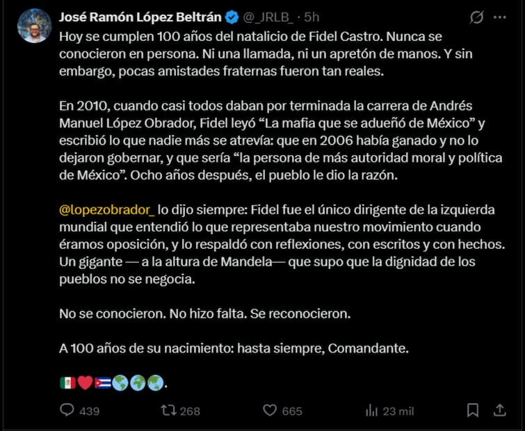Publicación de José Ramón López Beltrán sobe el natalicio de Fidel Castro. Foto: captura de pantalla
