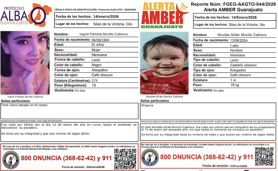 Madre e hijo desaparecen en Silao, Guanajuato; activan protocolos Alba y Alerta Amber.
Foto: Especial.