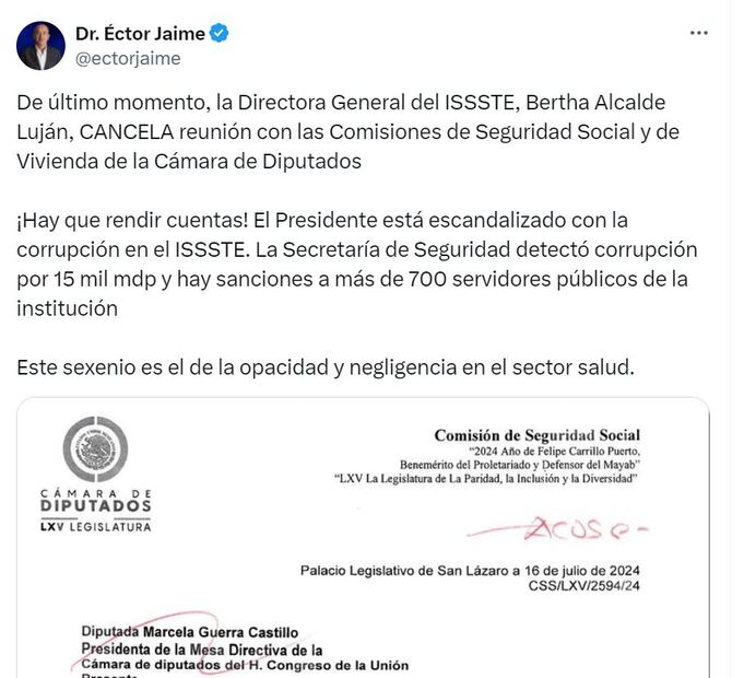 Ector Jaime Ramírez Barba recrimina que Bertha Alcalde Luján no acudió a comparecencia con diputados. Foto: X
