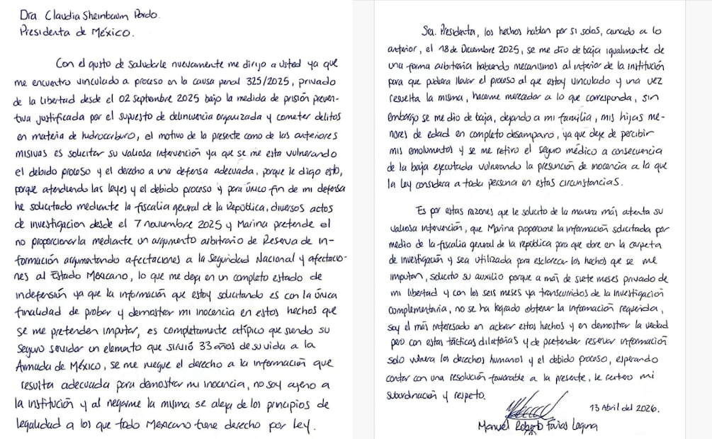 Vicealmirante Manuel Roberto Farías envía otra carta a la presidenta Sheinbaum (15/04/2026). Foto: Especial