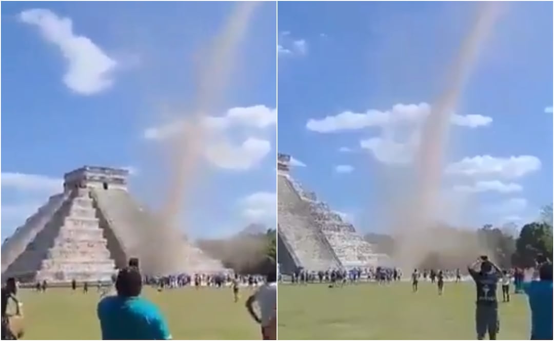 Un video viral capturó un torbellino de polvo que se formó frente a la pirámide de Kukulcán en Chichén Itzá, Yucatán. Foto: X