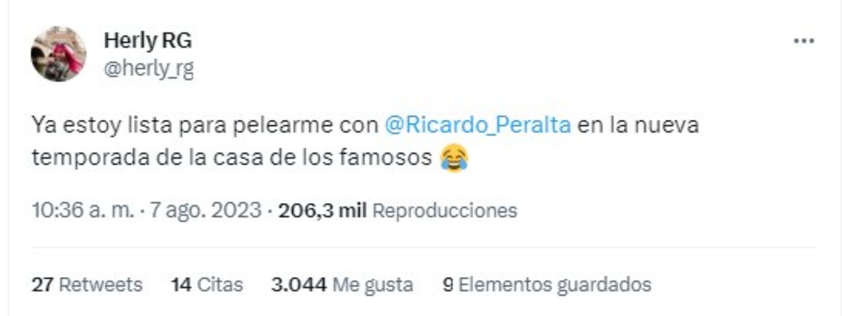 Tweet Herly RG sobre La Casa de los Famosos.