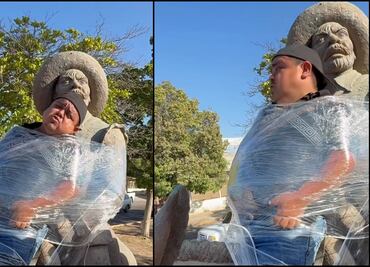 Emplayan a youtuber en monumento a Don Quijote en Los Mochis, Sinaloa; broma causa sorpresa e inquietud en redes sociales