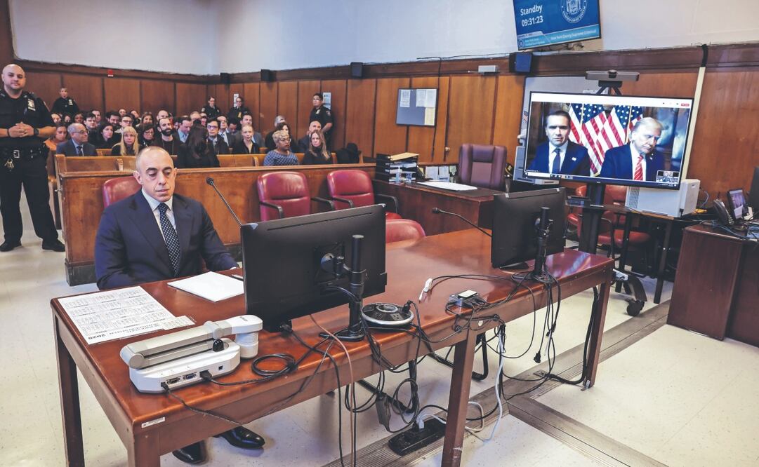 El presidente electo Donald Trump apareció de forma remota para la audiencia de su sentencia frente al juez del estado de Nueva York, Juan Merchán, en el caso Stormy Daniels. Foto: de Brendan McDermid. AP