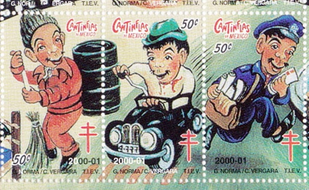 Estampillas de la edición “Cantinflas”. Tras retirar esos timbres, el CNLT reutilizó los sellos de 1973 que no se habían vendido y los sobremarcaron para que tuvieran la fecha del 2000. Foto: ESPECIAL/Tomado de John Denune's ChristmasSeals.net.