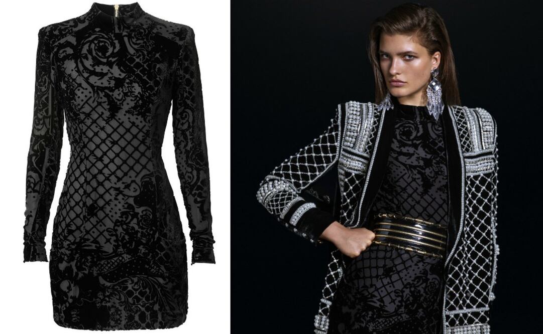 El little black dress es uno de los básicos que no deben faltar, Balmain apostó por uno en cuello de cisne y manga larga, con detalles florales en terciopelo.
