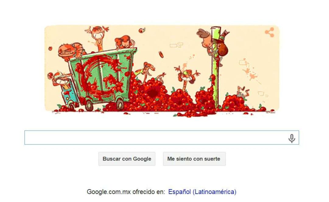 En su página principal, el buscador en Internet muestra un camión cargado de tomates y a los valientes y animados guerreros que ametrallan con el fruto rojo