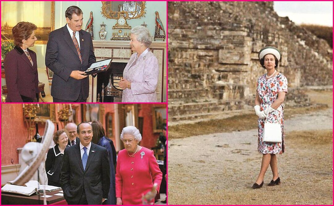 Reina Isabel II en México con los expresidentes Vicente Fox y Felipe Calderón. Foto: Archivo y Twitter.