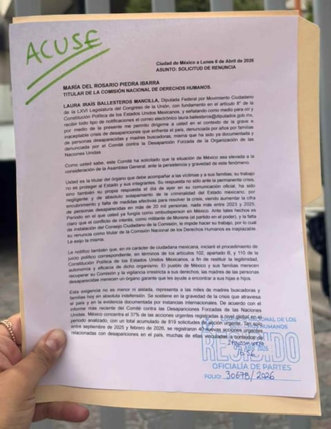 Laura Ballesteros pide renuncia de titular de la CNDH (06/04/2026). Foto: Especial