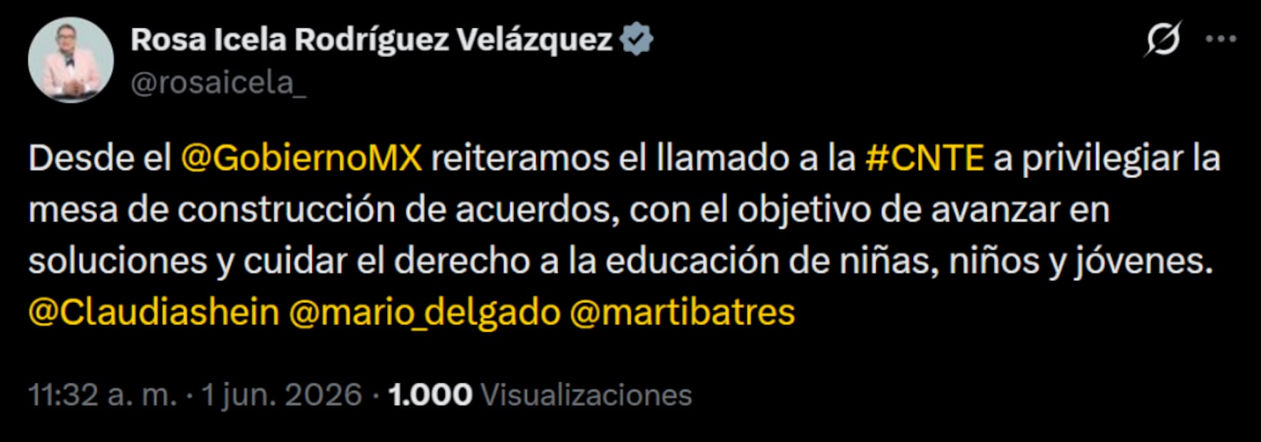 Publicación de Rosa Icela Rodríguez, secretaria de Gobernación, sobre las movilizaciones de la CNTE. Foto: captura de pantalla