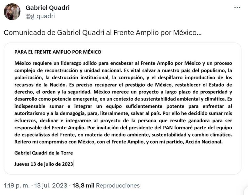 Mensaje publicado por Gabriel Quadri en sus redes sociales. Foto: Twitter @g_quadri