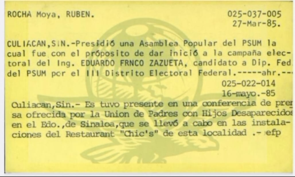 Fichas elaboradas por la Dirección Federal de Seguridad donde sigue los pasos del exgobernador de Sinaloa Rubén Rocha (05/05/2026). Foto: Especial