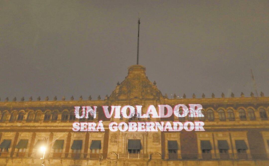 Igual que una noche antes de la marcha por el 8M, ayer mujeres de varias agrupaciones proyectaron en la fachada del Palacio Nacional mensajes de inconformidad contra Félix Salgado Macedonio, candidato a gobernador para Guerrero. Foto: EFE